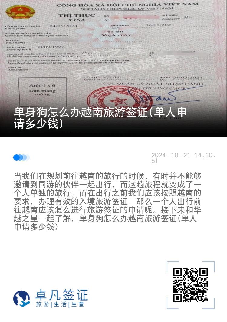 单身狗怎么办越南旅游签证(单人申请多少钱)