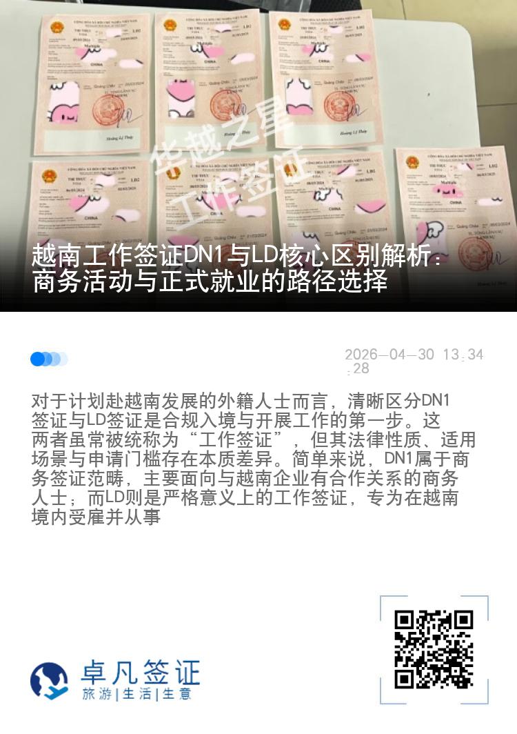越南工作签证DN1与LD核心区别解析：商务活动与正式就业的路径选择